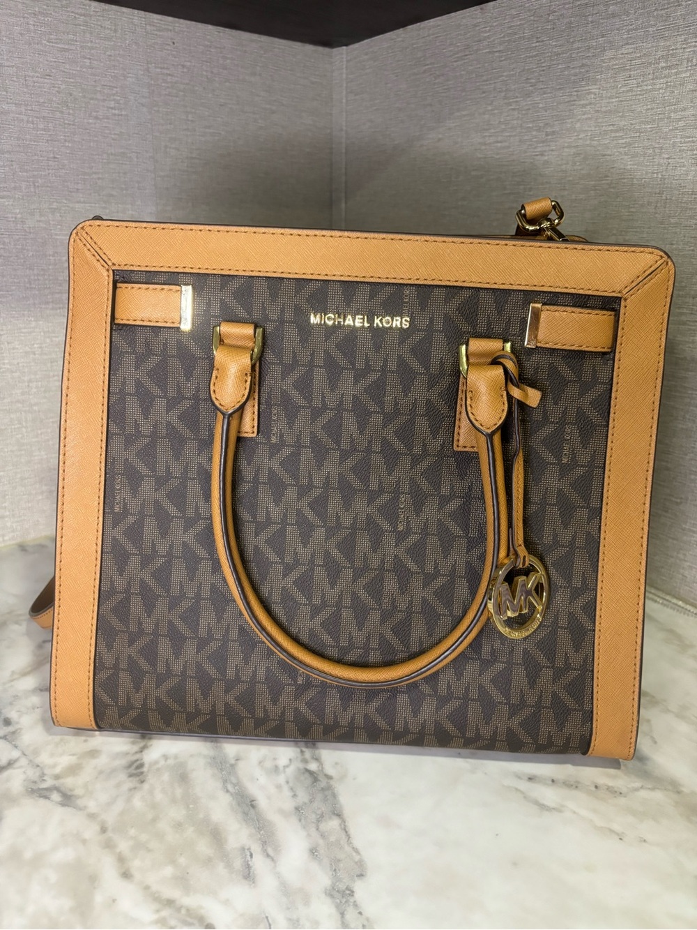 Michael Kors Brown Logo Satchel with Tan Trim